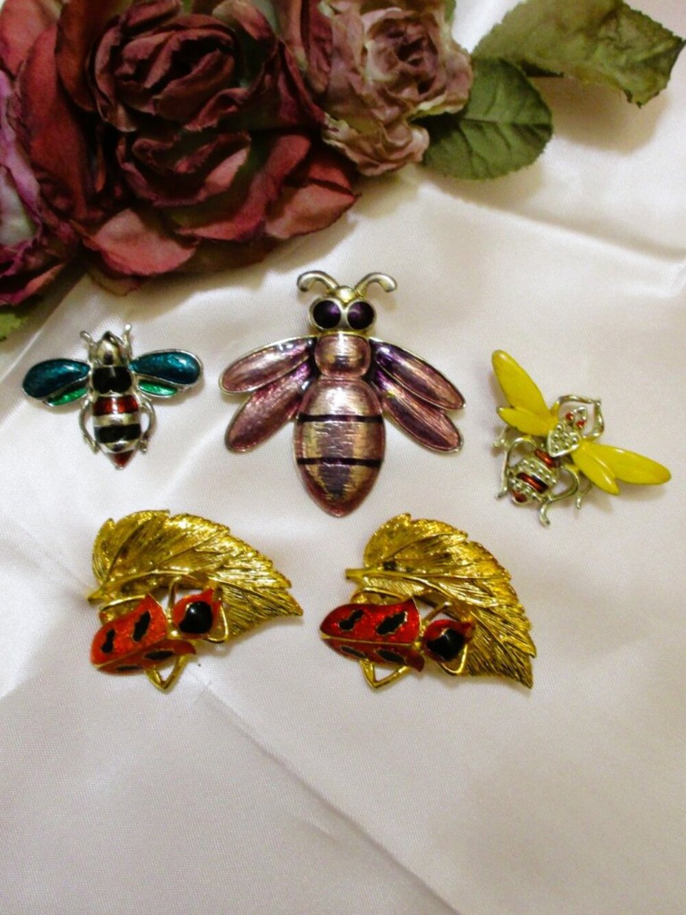 VINTAGE Enamel Insect Brooches - Bee, Ladybug, Leaf Pins